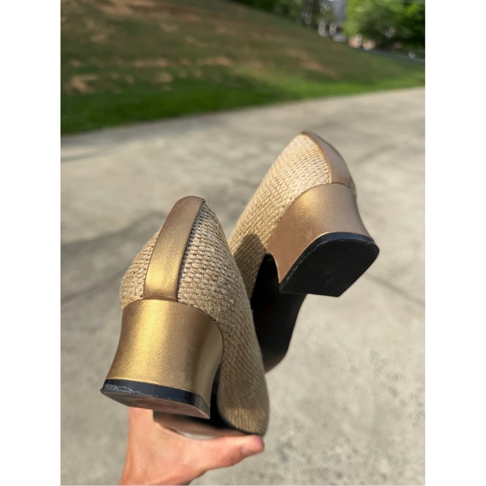 Stuart Weitzman Beige Gold Woven Raffia Style Block Heel Pumps Size 7.5B - Picture 9 of 15